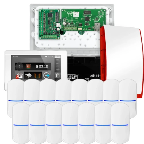 Súprava alarmu SATEL INTEGRA 32, 15x detektor PET, siréna, biely ovládač INT-TSI-W