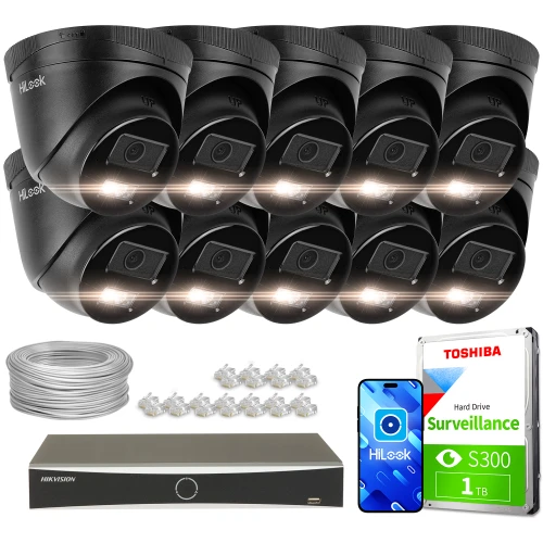 Zestaw do monitoringu składający się z dziesięciu czarnych kamer kopułkowych, dysku twardego Toshiba o pojemności 1 TB, rejestratora oraz akcesoriów montażowych. Na zdjęciu widoczne są również przewody i aplikacja mobilna HiLook.