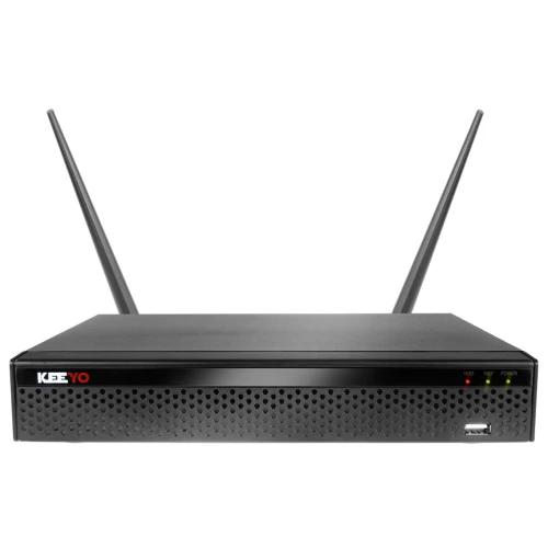 Na zdjęciu znajduje się czarny rejestrator do monitoringu marki Keeyo z dwoma antenami, wyposażony w diody sygnalizacyjne na przednim panelu. Urządzenie ma nowoczesny design z perforowanym wzorem na froncie.