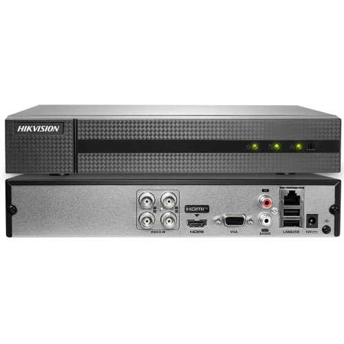 Na zdjęciu znajduje się rejestrator do monitoringu marki Hikvision z widocznym panelem przednim i tylnym. Panel przedni ma diody sygnalizacyjne, a tylny oferuje różne porty, w tym HDMI, VGA, audio, LAN i USB.