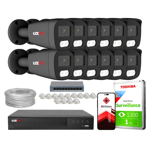 Zestaw do monitoringu IP składający się z dziesięciu kamer, rejestratora, dysku twardego Toshiba, kabla sieciowego oraz akcesoriów montażowych. Na zdjęciu widoczna jest również aplikacja BitVision na ekranie telefonu.