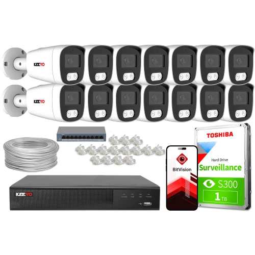 Zestaw do monitoringu IP składający się z dwunastu kamer, rejestratora, dysku twardego Toshiba 1TB, kabla sieciowego, złączek oraz przełącznika sieciowego. Na zdjęciu widoczny jest również smartfon z aplikacją BitVision.