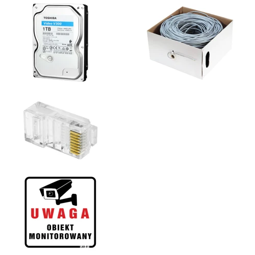 Na zdjęciu znajduje się zestaw do monitoringu, który obejmuje dysk twardy Toshiba V300 1TB, szpulę kabla sieciowego, złącze RJ45 oraz naklejkę z napisem "Uwaga obiekt monitorowany". Produkty są rozmieszczone na białym tle, każdy z nich widoczny osobno.