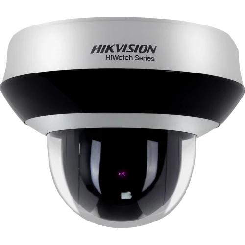 Kopułkowa kamera monitoringu Hikvision HiWatch Series w kolorze czarno-białym, z widocznym obiektywem w centralnej części. Kamera ma nowoczesny design i jest przeznaczona do systemów bezpieczeństwa.