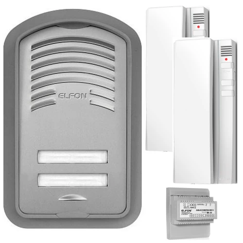 Zestaw domofonowy analogowy składający się z panelu zewnętrznego z dwoma przyciskami i kratką głośnika oraz dwóch białych słuchawek wewnętrznych. W dolnej części zdjęcia widoczny jest również moduł zasilający.