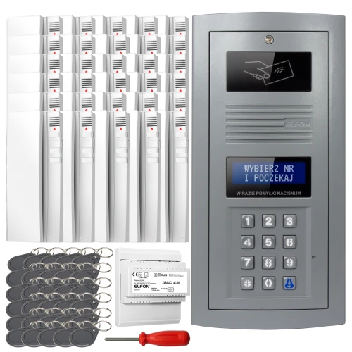 Zestaw domofonowy cyfrowy składający się z panelu z klawiaturą numeryczną, wyświetlaczem i czytnikiem kart zbliżeniowych, a także breloków, modułu i śrubokręta. Panel jest w kolorze szarym z wyraźnie widocznymi przyciskami i ekranem.