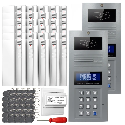 Zestaw domofonowy cyfrowy składający się z panelu z klawiaturą numeryczną, wyświetlaczem oraz kilkunastu breloków zbliżeniowych. W zestawie znajdują się również moduły wewnętrzne, zasilacz oraz śrubokręt.
