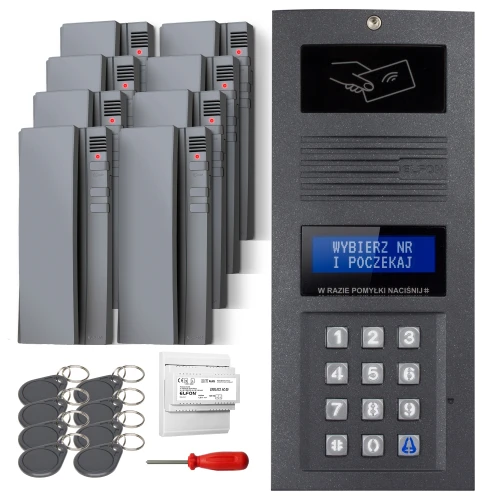 Zestaw domofonowy podtynkowy składający się z panelu z klawiaturą numeryczną, czytnikiem kart oraz zestawu breloków i narzędzi. W tle widoczne są dodatkowe moduły domofonowe.