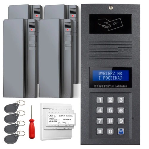 Zestaw domofonowy składa się z panelu z klawiaturą numeryczną, czterech słuchawek, czterech breloków zbliżeniowych, śrubokręta i modułu elektronicznego. Panel posiada wyświetlacz oraz miejsce na kartę zbliżeniową.