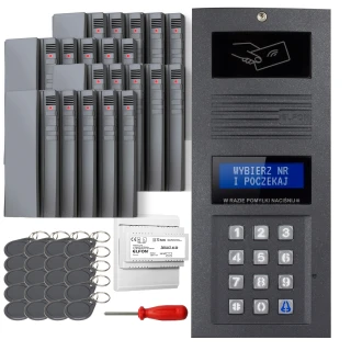 Zestaw domofonowy podtynkowy składający się z panelu z klawiaturą numeryczną, breloków zbliżeniowych, śrubokręta oraz dodatkowych modułów. Panel posiada ekran do wyświetlania informacji oraz miejsce na przyłożenie karty zbliżeniowej.
