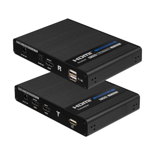 Na zdjęciu znajdują się dwa czarne konwertery HDMI z oznaczeniami portów i przycisków na obudowie. Urządzenia mają różne wejścia i wyjścia, w tym HDMI, USB i zasilanie, oraz są oznaczone literami "R" i "T".