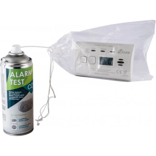 Zestaw testowy do czujników składa się z puszki z aerozolem do testowania czujników tlenku węgla oraz plastikowej osłony z wyświetlaczem. Produkt służy do sprawdzania poprawności działania detektorów CO.