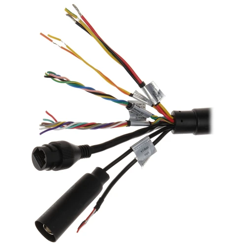 Zdjęcie przedstawia zestaw kolorowych przewodów z różnymi złączami, w tym złączem RJ45 i innymi końcówkami. Przewody są oznaczone etykietami i wychodzą z czarnej osłony.