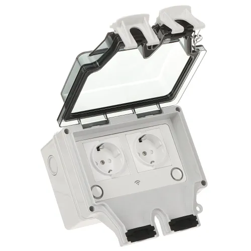 Podwójne gniazdo elektryczne z klapką ochronną, przeznaczone do montażu na zewnątrz. Obudowa jest szara, a klapka przezroczysta, z widocznymi symbolami Wi-Fi.